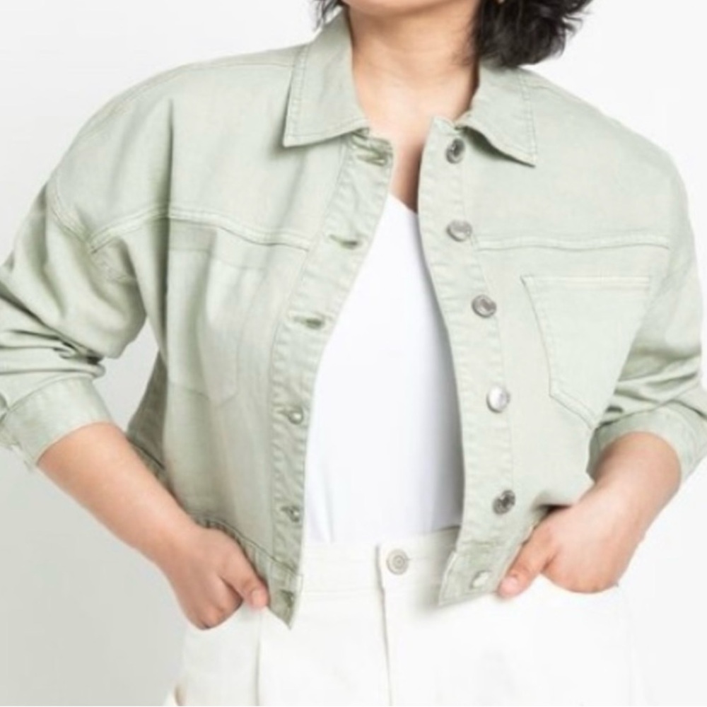 Eloquii Women's Cropped Light Green Denim Jean‎ Jacket Size 16 Y2K